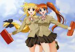  bag blonde_hair breasts fate_testarossa long_hair long_sleeves low-tied_long_hair lyrical_nanoha mahou_shoujo_lyrical_nanoha_strikers medium_breasts multiple_girls official_art okuda_yasuhiro purple_eyes red_eyes red_hair school_uniform side_ponytail skirt smile takamachi_nanoha textless very_long_hair 