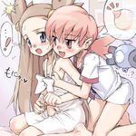  ... 2girls :d akane_(pokemon) barefoot blue_eyes blush breast_grab breasts brown_hair fingering flat_chest gen_1_pokemon grabbing gym_leader long_hair lowres magnemite mikan_(pokemon) mimolette_(mimo) multiple_girls naughty_face open_mouth pink_eyes pink_hair pokemon pokemon_(creature) pokemon_(game) pokemon_gsc small_breasts smile speech_bubble spoken_ellipsis spoken_exclamation_mark spoken_object sweat twintails two_side_up yuri 