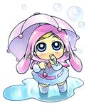  artist_request blue_eyes boots goutokuji_miyako hood long_hair long_sleeves looking_up pink_hair powerpuff_girls_z puddle raincoat rolling_bubbles solo standing umbrella water 
