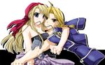  1girl 2004 alphonse_elric amestris_military_uniform artist_request bandana blonde_hair blue_eyes braid chibi cling couple edward_elric fullmetal_alchemist hetero long_hair military military_uniform mouth_hold pocket_watch single_braid strapless tubetop uniform watch winry_rockbell yellow_eyes 