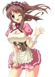  ahoge artist_request asahina_mikuru blush bow breasts brown_eyes brown_hair cleavage hairband large_breasts long_hair one_eye_closed open_hand open_mouth pink_skirt puffy_short_sleeves puffy_sleeves short_sleeves skirt skirt_hold solo standing suzumiya_haruhi_no_yuuutsu white_background 