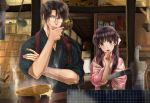  1boy 1girl :o basket black_hair blurry_foreground blush boiling bow bowl brown_eyes bucket chin_hold cooking crossed_arms drawer floral_print glasses hair_bow handle hanging_plant hetero indoors izumi_(stardustalone) japanese_clothes kimono kitchen ladle long_hair looking_at_viewer pink_kimono pump renri_no_chigiri_wo_kimi_to_shiru sweatdrop upper_body wooden_bucket 