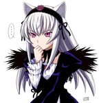  animal_ears cat_ears flower hairband itou_yuuji long_hair long_sleeves pink_eyes purple_eyes purple_flower purple_rose rose rozen_maiden silver_hair solo suigintou white_hair wings 