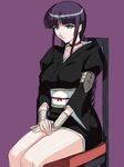  bleach blue_eyes braid chair choker kagami_hirotaka kurotsuchi_nemu long_sleeves purple_hair simple_background single_braid sitting solo thighs 