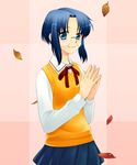  blue_eyes blue_hair ciel glasses leaf long_sleeves lowres school_uniform solo suzunoya sweater sweater_vest tsukihime vest 