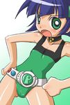  artist_request belt blush cameltoe choker gradient gradient_background green_eyes hands_on_hips looking_at_viewer lowres matsubara_kaoru open_mouth powered_buttercup powerpuff_girls_z purple_hair solo standing 