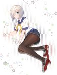  1girl black_legwear blue_eyes full_body gloves hair_ornament hair_over_one_eye hairclip hamakaze_(kantai_collection) high_heels highres kantai_collection kocona looking_at_viewer lying neckerchief on_side pantyhose pleated_skirt school_uniform serafuku short_hair short_sleeves silver_hair skirt solo star starry_background white_background white_gloves yellow_neckwear 