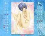  2002 arm_grab ayanami_rei bangs barefoot blue_hair breasts calendar_(medium) covering covering_breasts dated expressionless february feet fetal_position gainax_calendar hair_between_eyes hand_on_own_chest january legs looking_at_viewer looking_back neon_genesis_evangelion nerv nipples nude official_art profile red_eyes short_hair small_breasts solo stripping_instrumentality toes utatane_hiroyuki zoom_layer 