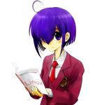  ahoge blazer bob_cut book gofu hair_over_one_eye jacket linux long_sleeves mahora_academy_middle_school_uniform mahou_sensei_negima! miyazaki_nodoka purple_eyes purple_hair reading school_uniform short_hair simple_background smile solo 