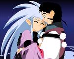  1girl black_hair blue_hair couple hetero highres hug long_sleeves masaki_tenchi ryouko_(tenchi_muyou!) spiked_hair tenchi_muyou! vector_trace zero_(tenchi_muyou!) 