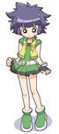  artist_request belt black_gloves black_hair fingerless_gloves gloves green_eyes green_footwear green_skirt matsubara_kaoru powered_buttercup powerpuff_girls_z shoes short_hair skirt skirt_lift solo standing sweatdrop vest white_background 