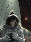  1girl amefurashi astronaut astronaut_helmet black_hair check_commentary commentary_request green_eyes headwear_removed helmet helmet_removed highres holding holding_helmet looking_at_viewer open_mouth original solo space spacesuit star_(sky) 