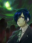  blue_hair earphones hair_over_one_eye half_moon koaki male_focus moon night outdoors persona persona_3 sky solo yuuki_makoto 