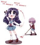  asakura_ryouko blood blue_eyes blue_sailor_collar book chibi glasses grey_hair half_updo kita_high_school_uniform knife long_hair long_sleeves multiple_girls nagato_yuki purple_hair sailor_collar school_uniform serafuku short_hair suzumiya_haruhi_no_yuuutsu tokyo_(great_akuta) 