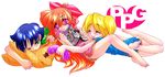  artist_request barefoot blonde_hair blossom_(ppg) blue_hair bow bubbles_(ppg) buttercup_(ppg) china_dress chinese_clothes closed_eyes dress feet green_eyes hair_bow hat legs lying multiple_girls octi one_eye_closed orange_hair pillow pink_eyes powerpuff_girls 