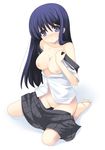  blue_hair blush breasts kagura_mizuki large_breasts nipples no_panties original pussy school_uniform solo undressing 