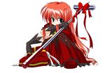  alternate_hairstyle black_gloves blue_eyes bow duplicate full_body gloves graf_eisen hair_down hammer long_hair looking_at_viewer lyrical_nanoha mahou_shoujo_lyrical_nanoha mahou_shoujo_lyrical_nanoha_a's nonohara_nyorai red_hair ribbon simple_background smile solo untied vita white_background 