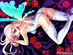  ass back boots braid camellia fairy flower galge.com glowing hamashima_shigeo high_heels long_hair looking_back lying on_stomach petals pointy_ears red_eyes shoes side_braid smile solo thigh_boots thighhighs wallpaper watermark white_hair white_legwear wings 