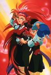  90s artist_request baby dual_persona green_eyes hair_pulled_back hakubi_washuu highres long_hair long_sleeves multiple_girls older red_hair skirt spiked_hair tenchi_muyou! time_paradox very_long_hair 