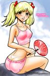  ass bad_anatomy blonde_hair blush crop_top john_joseco looking_back midriff open_mouth panties sawachika_eri school_rumble sitting solo tank_top thong twintails underwear white_panties 