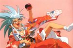 90s artist_request blue_hair japanese_clothes kimono long_sleeves pink_background ryouko_(tenchi_muyou!) solo spiked_hair tenchi_muyou! yellow_eyes 