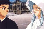  1girl 90s artist_request black_hair blue_hair brown_eyes couple hetero hood japanese_clothes kimono masaki_tenchi ryouko_(tenchi_muyou!) tears tenchi_muyou! uchikake wedding yellow_eyes 