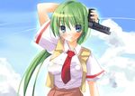  arm_behind_head green_hair gun handgun higurashi_no_naku_koro_ni holding holding_gun holding_weapon pistol shigen solo sonozaki_mion weapon 