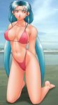  artist_request beach bikini blue_hair day facial_mark forehead_mark outdoors pink_eyes solo swimsuit tenchi_muyou! tsunami_(tenchi_muyou!) 