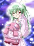  artist_request blush_stickers galaxy_angel green_hair holding holding_stuffed_animal long_sleeves looking_at_viewer lowres messy_hair nightgown one_eye_closed red_eyes rubbing_eyes sleepy solo stuffed_animal stuffed_toy upper_body vanilla_h 