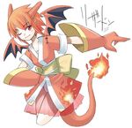  artist_request bandages charizard dragon_girl dragon_tail dragon_wings fang fire gen_1_pokemon gloves horns monster_girl one_eye_closed panties pantyshot parody personification pokemon red_eyes red_hair simple_background skirt solo tail tail-tip_fire translated transparent underwear white_background white_panties wings 