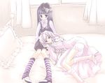  bed bow curtains dress hat hay high_heels lap_pillow leg_warmers long_sleeves lying mika_mikan mini_hat mini_top_hat multiple_girls original pillow purple_hair shoes striped top_hat 