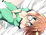  breasts cleavage dress game_cg glasses kannazuki_nemu kushida_kira large_breasts no_bra open_clothes otaku_masshigura solo 