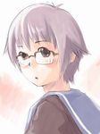  bangs black_eyes blush cardigan expressionless eyebrows eyebrows_visible_through_hair from_side glasses hidari_kagetora kita_high_school_uniform looking_at_viewer nagato_yuki purple_hair school_uniform serafuku short_hair solo suzumiya_haruhi_no_yuuutsu upper_body 