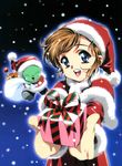  blue_eyes brown_hair capelet christmas copyright_request gift hat highres holding holding_gift incoming_gift kawarajima_kou mittens red_capelet santa_costume santa_hat smile snowing solo 