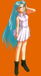  90s artist_request blue_hair boots long_hair masaki_sasami_jurai miniskirt orange_background pink_eyes skirt solo tenchi_muyou! 