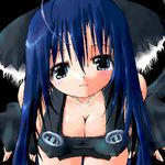  ahoge animal_ear_fluff animal_ears bangs black_background black_overalls blue_hair breasts cat_ears cat_tail cleavage copyright_request covered_nipples large_breasts long_hair lowres overalls simple_background solo tail yonezuka_ryou 