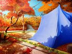  artist_request autumn blood caution_tape forest game_cg keep_out nature no_humans scenery tape tent 