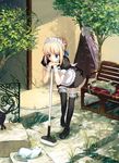  ahoge aqua_eyes artoria_pendragon_(all) bench blonde_hair broom cat day fate/stay_night fate_(series) frills itachi_(3dt) long_hair maid multiple_girls outdoors rider saber shoes thighhighs water wrist_cuffs 