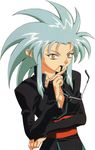  90s artist_request blue_hair glasses long_sleeves ryouko_(tenchi_muyou!) solo spiked_hair tenchi_muyou! white_background yellow_eyes 