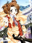  2000 :d bangs beckoning black_legwear black_ribbon brown_eyes brown_hair building buttons capelet chain day dengeki_g's dutch_angle fangs flag_print hair_ribbon hand_on_own_knee knees_together_feet_apart leaning_forward long_sleeves looking_at_viewer necktie open_mouth outdoors outstretched_arm pantyhose parted_bangs print_neckwear ribbon scan shiny shiny_hair shirt sister_princess skirt sky smile solo statue suitcase tailcoat teeth tenhiro_naoto two_side_up union_jack white_shirt wing_collar yotsuba_(sister_princess) 