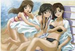  90s :d :o bandeau bangs barefoot beach bent_over bikini black_bikini black_hair breast_hold breasts brown_hair chair cleavage day feet floating_hair groin hand_on_another's_shoulder highleg highleg_bikini highleg_swimsuit jpeg_artifacts kobayakawa_miyuki leaning_forward leg_lift legs light_smile long_hair looking_at_viewer lounge_chair medium_breasts multiple_girls nakajima_atsuko navel nude ocean official_art open_mouth outdoors ponytail purple_eyes saga_saori scan scrunchie shadow short_hair side-tie_bikini sidelocks sitting smile sports_bikini standing standing_on_one_leg string_bikini swimsuit tankini towel tsujimoto_natsumi water wet wet_hair white_towel you're_under_arrest 