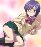  blush bow glasses green_eyes haruyama_kazunori kirisato_nanaka long_sleeves nanaka_6/17 purple_hair school_uniform short_hair sitting skirt solo 