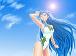  artist_request blue_hair casual_one-piece_swimsuit clenched_hand cloud day facial_mark forehead_mark from_below long_hair one-piece_swimsuit pink_eyes red_eyes sky solo sun swimsuit tenchi_muyou! tsunami_(tenchi_muyou!) very_long_hair wallpaper wince 