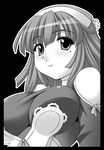  artist_request breasts doujinshi greyscale hairband la_pucelle large_breasts mole mole_under_eye monochrome prier smile solo 