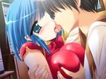  1girl asagiri_tomomi blue_eyes blue_hair blush breast_grab breasts china_dress chinese_clothes dress emily_(pure_dream) french_kiss game_cg grabbing hetero kiss large_breasts moero_downhill_night_2 tongue 