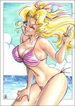  artist_request bikini blonde_hair blue_eyes kuramitsu_mihoshi ribbon_bangs solo striped striped_bikini swimsuit tenchi_muyou! v 