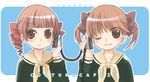  blush brown_eyes brown_hair drill_hair fukuzawa_yumi hair_ribbon hand_on_ear hayashi_tsugumi headphones long_sleeves maria-sama_ga_miteru matsudaira_touko multiple_girls one_eye_closed ribbon school_uniform serafuku shared_headphones sharing short_twintails twintails watermark 