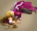  artist_request blonde_hair bow brown_eyes dress high_priest long_hair long_sleeves lying on_stomach one_eye_closed open_mouth pantyhose purple_dress ragnarok_online solo 