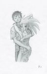  1girl artist_request couple greyscale hetero hug masaki_tenchi monochrome ryouko_(tenchi_muyou!) spiked_hair tenchi_muyou! 