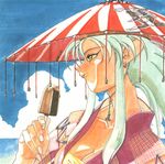  90s artist_request beach blue_hair breasts cleavage cloud earrings food hat ice_cream jewelry medium_breasts ocean popsicle ryouko_(tenchi_muyou!) solo spiked_hair tenchi_muyou! tongue yellow_eyes 